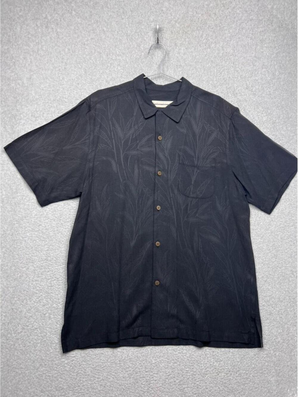Tommy Bahama Shirt L Black 100% Silk Jacquard Palm Leaf Tropical Cuban Camp Aloh